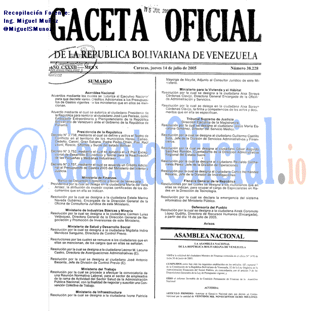 Gaceta Oficial 38228 del 14 Julio 2005