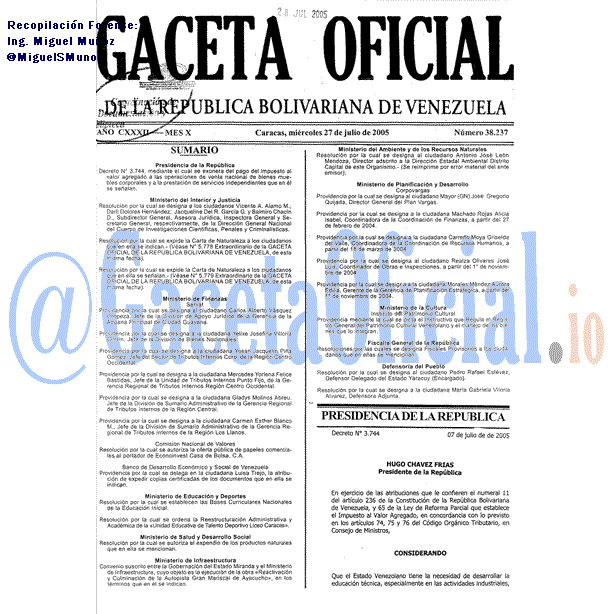 Gaceta Oficial 38237 del 27 Julio 2005
