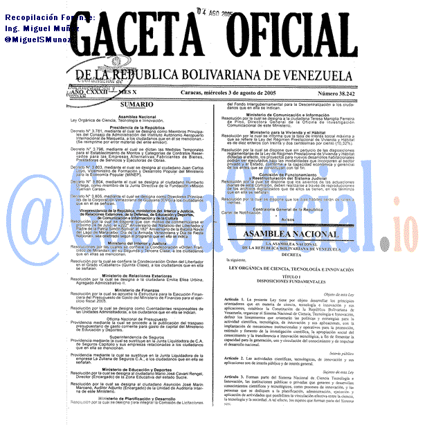 Gaceta Oficial 38242 del 3 Agosto 2005