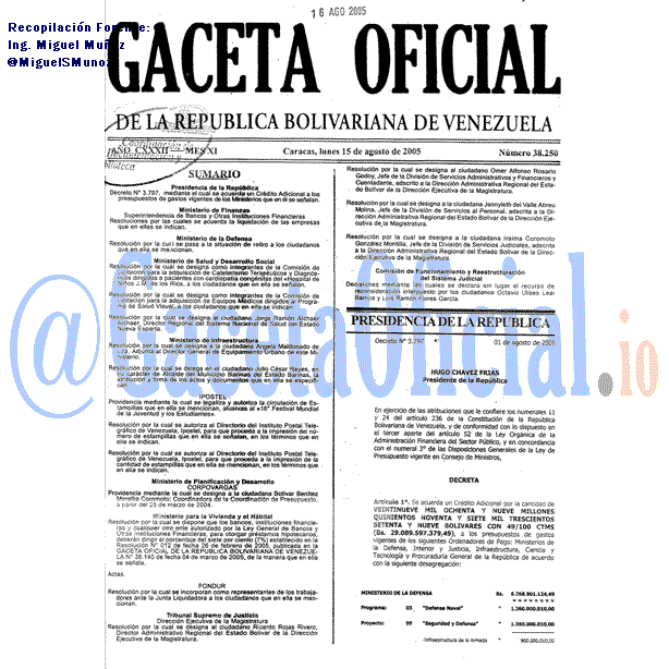 Gaceta Oficial 38250 del 15 Agosto 2005