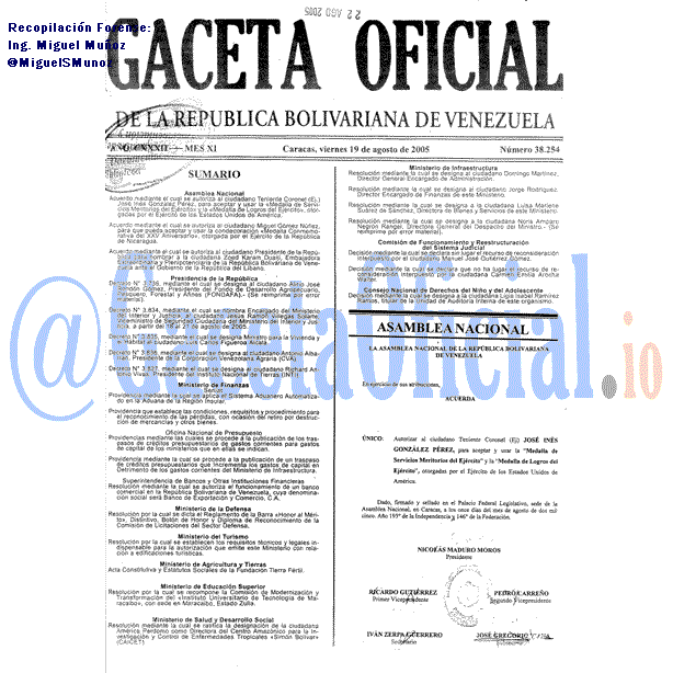 Gaceta Oficial 38254 del 19 Agosto 2005