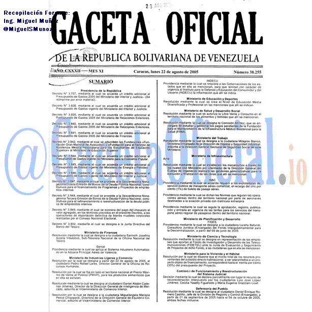 Gaceta Oficial 38255 del 22 Agosto 2005