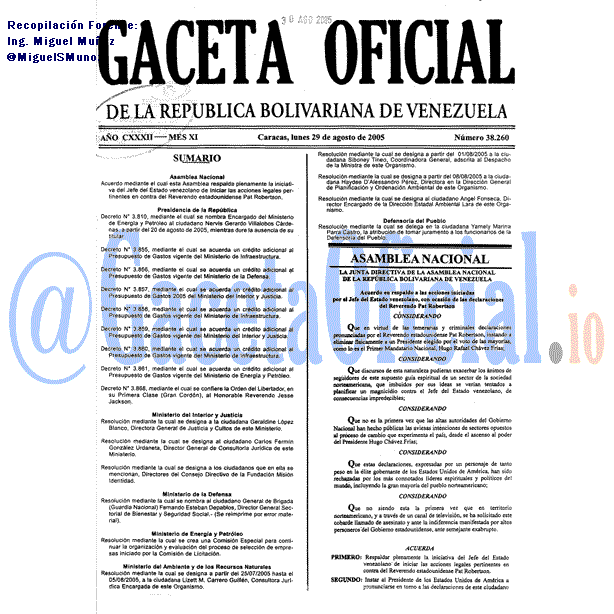 Gaceta Oficial 38260 del 29 Agosto 2005
