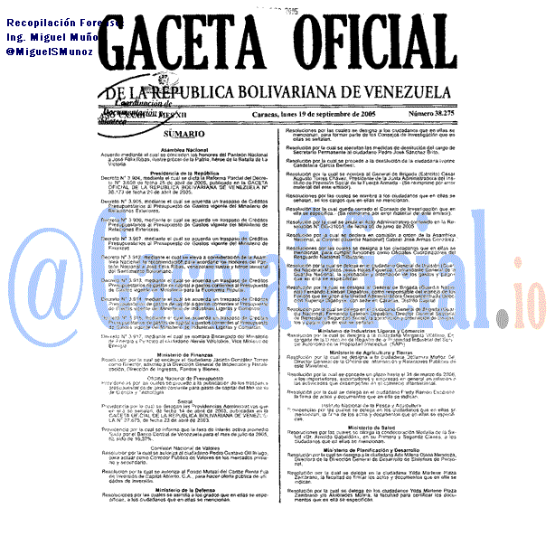 Gaceta Oficial 38275 del 19 Septiembre 2005