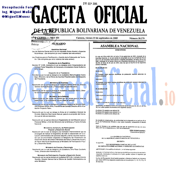 Gaceta Oficial 38279 del 23 Septiembre 2005