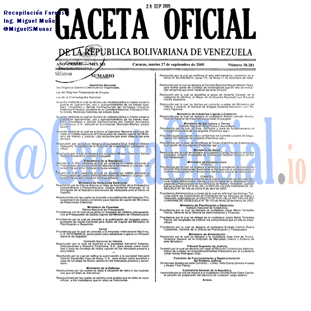 Gaceta Oficial 38281 del 27 Septiembre 2005
