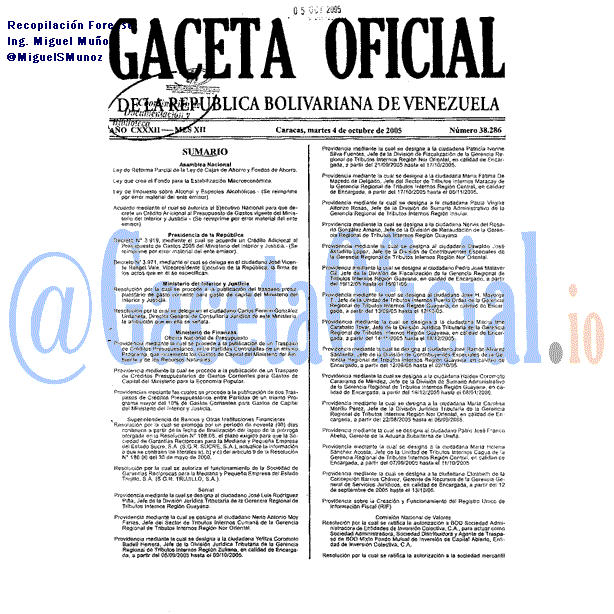 Gaceta Oficial 38286 del 4 Octubre 2005