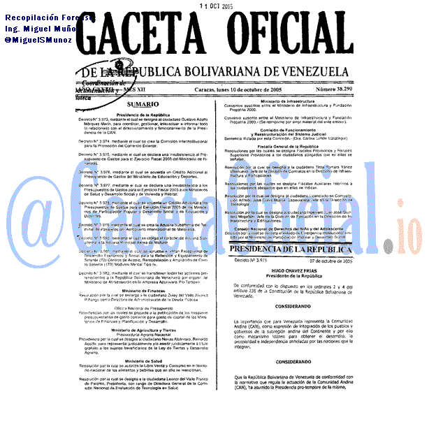 Gaceta Oficial 38290 del 10 Octubre 2005