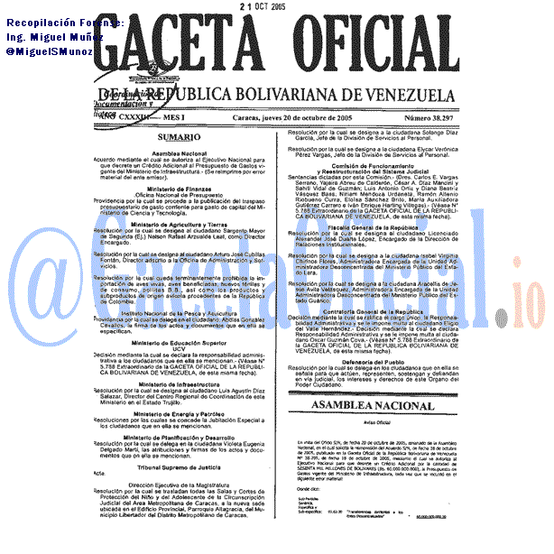 Gaceta Oficial 38297 del 20 Octubre 2005