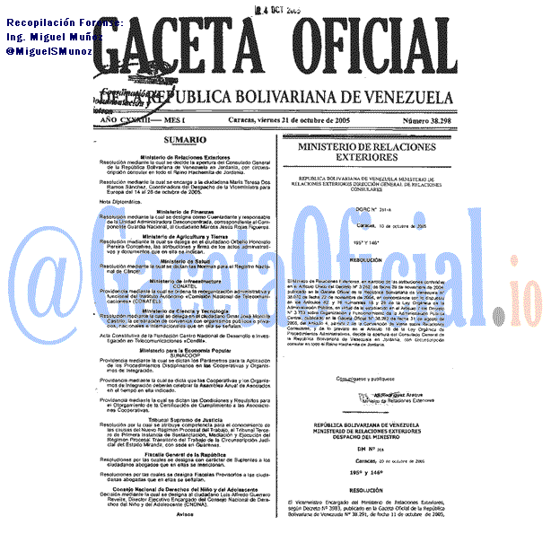 Gaceta Oficial 38298 del 21 Octubre 2005