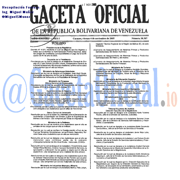 Gaceta Oficial 38307 del 4 Noviembre 2005