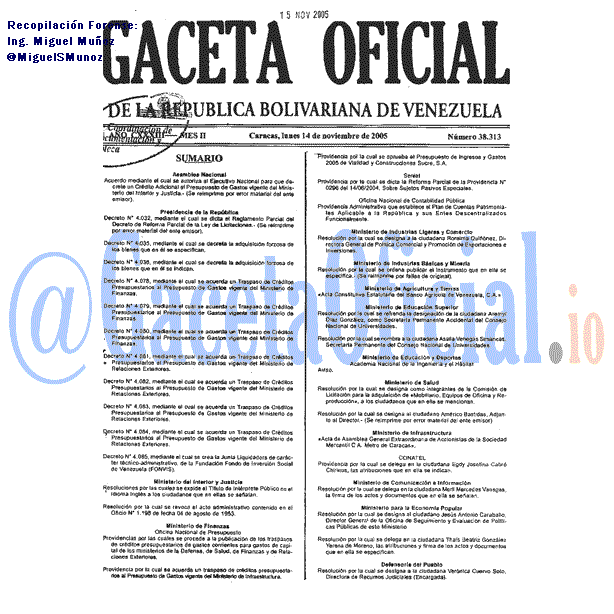 Gaceta Oficial 38313 del 14 Noviembre 2005