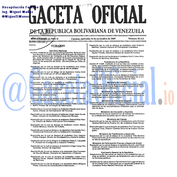Gaceta Oficial 38315 del 16 Noviembre 2005