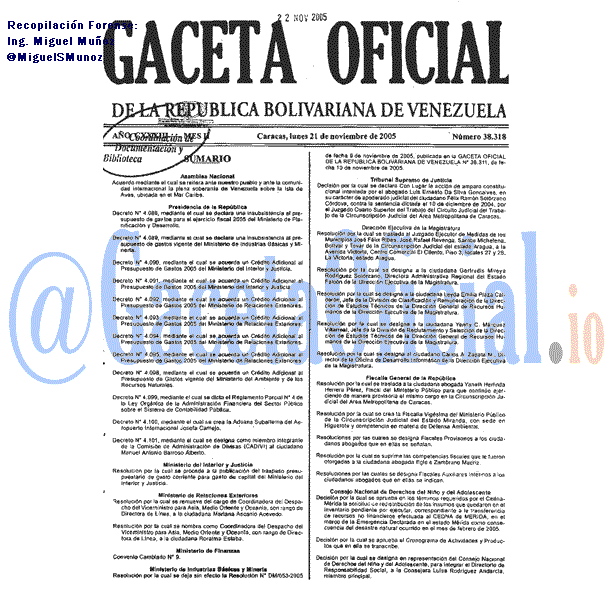 Gaceta Oficial 38318 del 21 Noviembre 2005