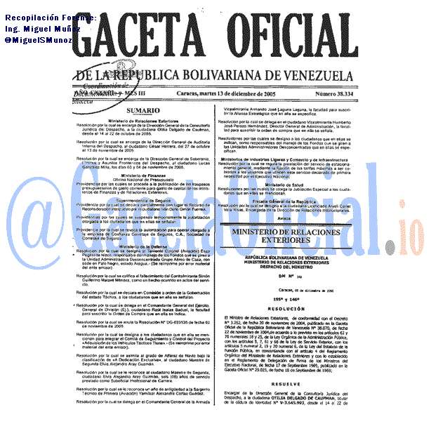 Gaceta Oficial 38334 del 13 Diciembre 2005