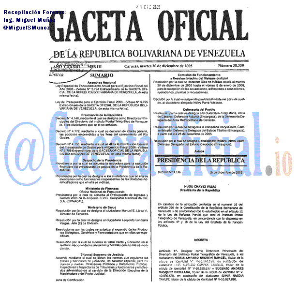 Gaceta Oficial 38339 del 20 Diciembre 2005