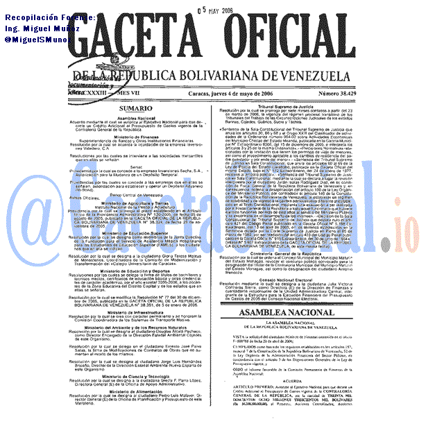 Gaceta Oficial 38429 del 4 Mayo 2006