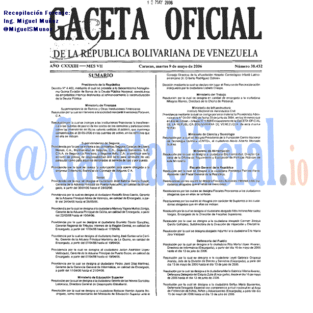 Gaceta Oficial 38432 del 9 Mayo 2006