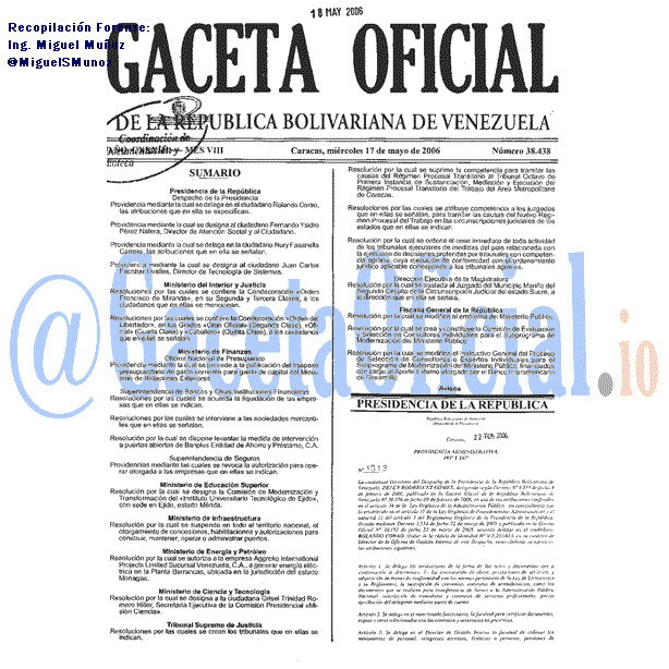 Gaceta Oficial 38438 del 17 Mayo 2006