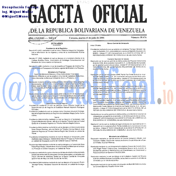 Gaceta Oficial 38476 del 11 Julio 2006