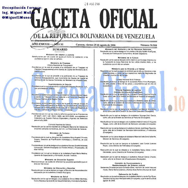 Gaceta Oficial 38508 del 25 Agosto 2006