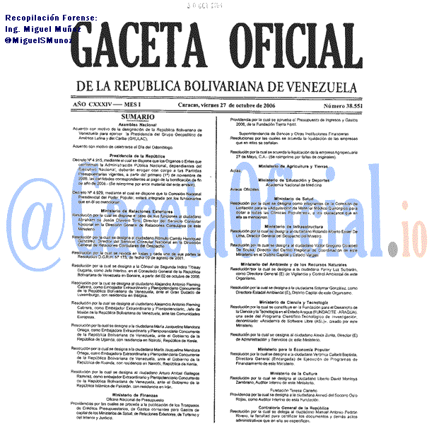 Gaceta Oficial 38551 del 27 Octubre 2006