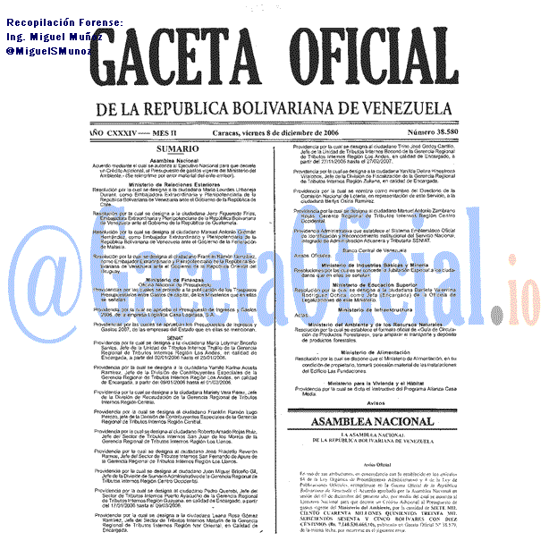 Gaceta Oficial 38580 del 8 Diciembre 2006