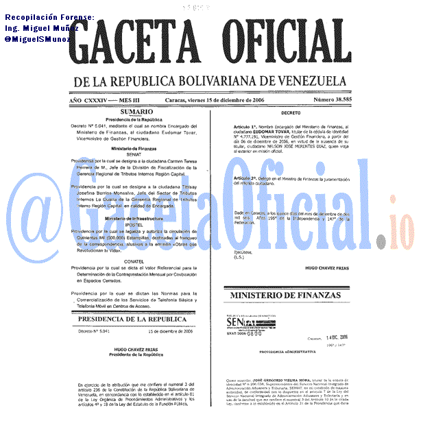Gaceta Oficial 38585 del 15 Diciembre 2006