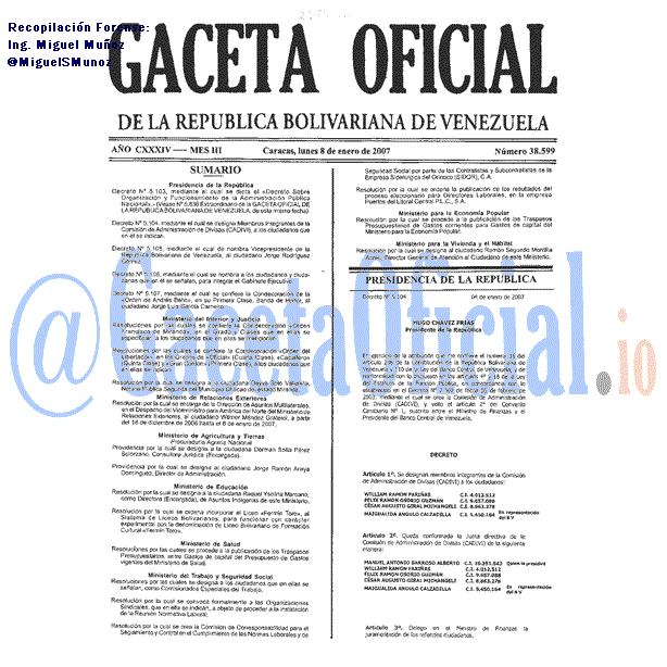 Gaceta Oficial 38599 del 8 Enero 2007