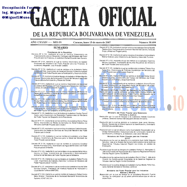 Gaceta Oficial 38604 del 15 Enero 2007