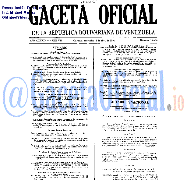 Gaceta Oficial 38666 del 18 Abril 2007