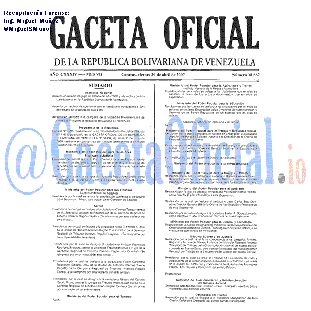 Gaceta Oficial 38667 del 20 Abril 2007