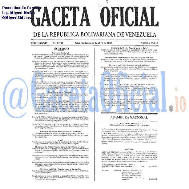Gaceta Oficial 38673 del 30 Abril 2007