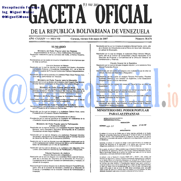 Gaceta Oficial 38676 del 4 Mayo 2007