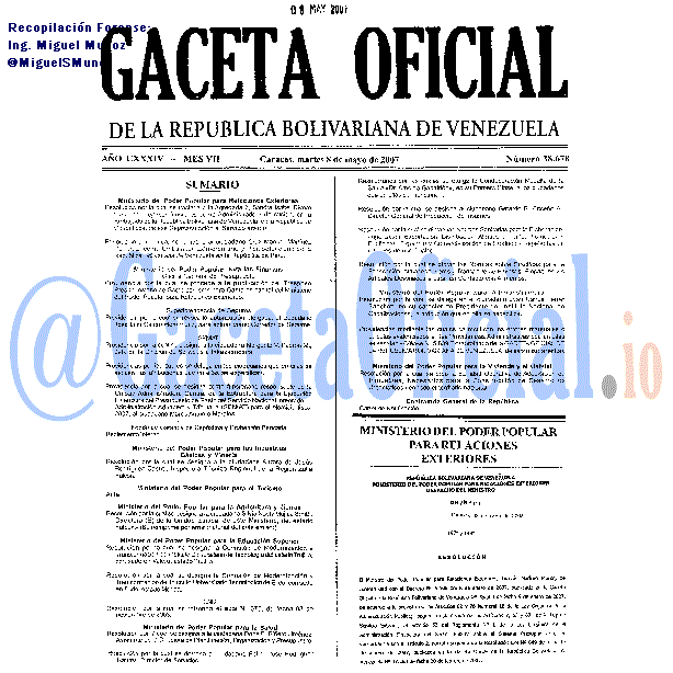 Gaceta Oficial 38678 del 8 Mayo 2007