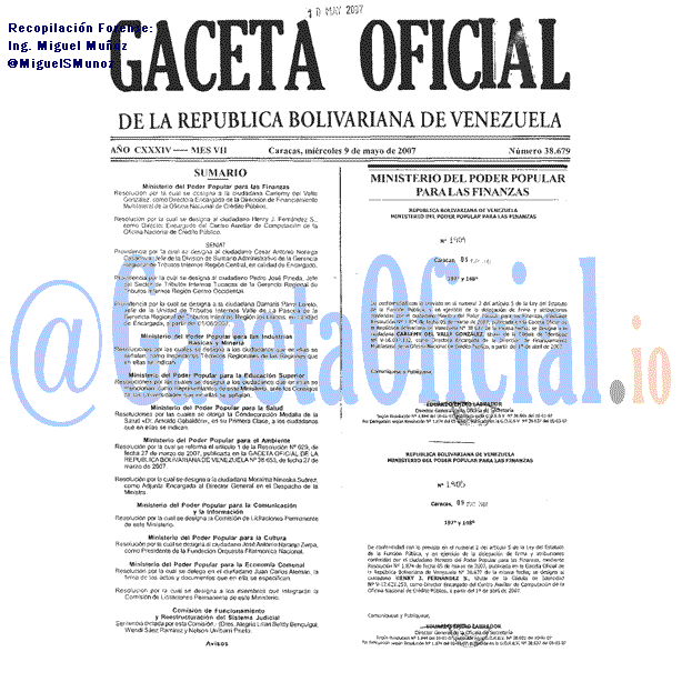 Gaceta Oficial 38679 del 9 Mayo 2007