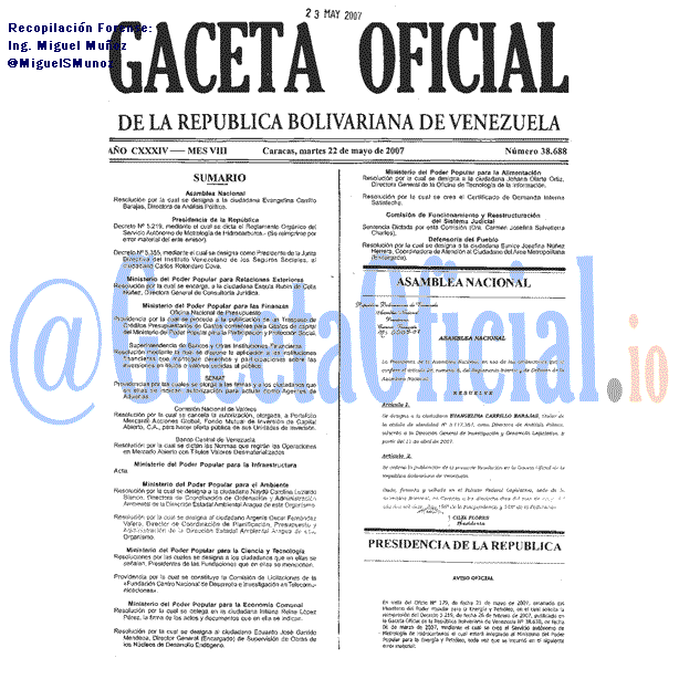 Gaceta Oficial 38688 del 22 Mayo 2007