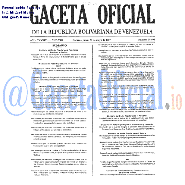 Gaceta Oficial 38695 del 31 Mayo 2007