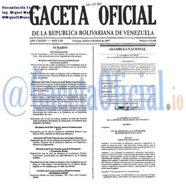 Gaceta Oficial 38698 del 5 Junio 2007