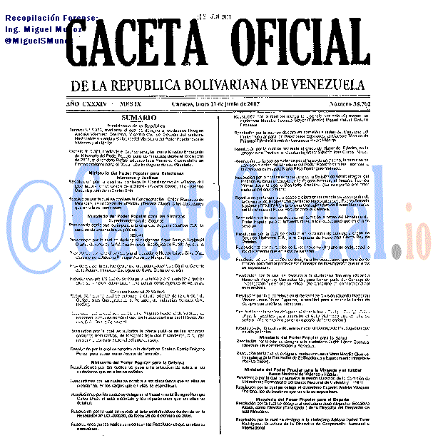 Gaceta Oficial 38702 del 11 Junio 2007