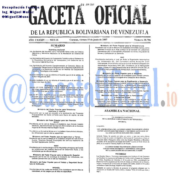 Gaceta Oficial 38706 del 15 Junio 2007
