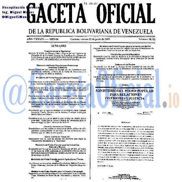 Gaceta Oficial 38711 del 22 Junio 2007