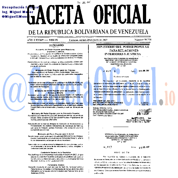 Gaceta Oficial 38716 del 29 Junio 2007