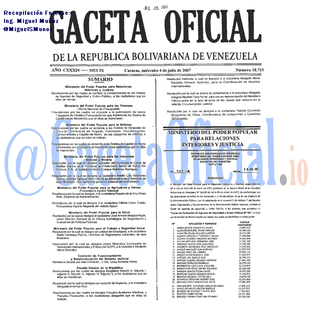 Gaceta Oficial 38719 del 4 Julio 2007