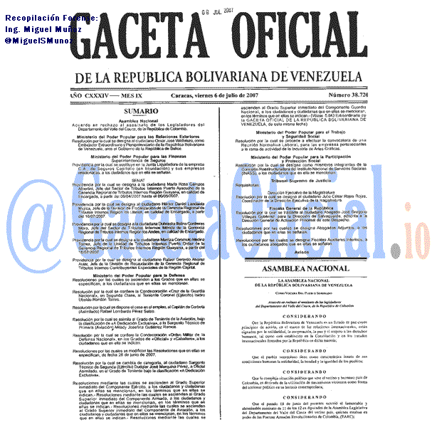 Gaceta Oficial 38720 del 6 Julio 2007