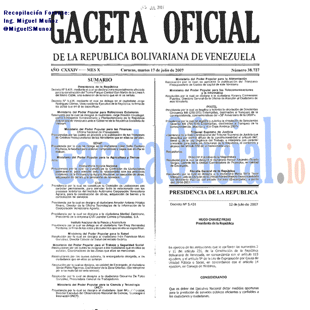 Gaceta Oficial 38727 del 17 Julio 2007