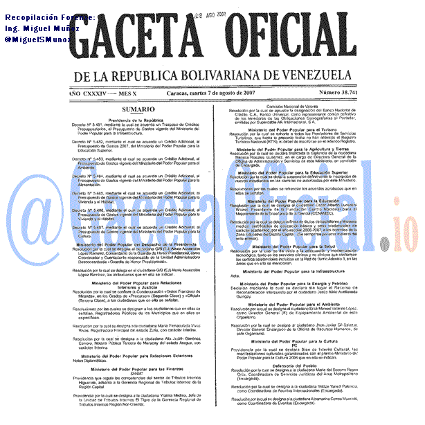 Gaceta Oficial 38741 del 7 Agosto 2007