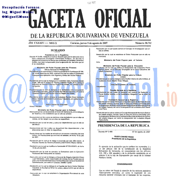 Gaceta Oficial 38743 del 9 Agosto 2007