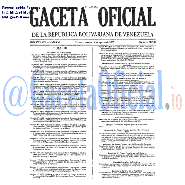 Gaceta Oficial 38746 del 14 Agosto 2007