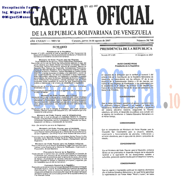 Gaceta Oficial 38748 del 16 Agosto 2007